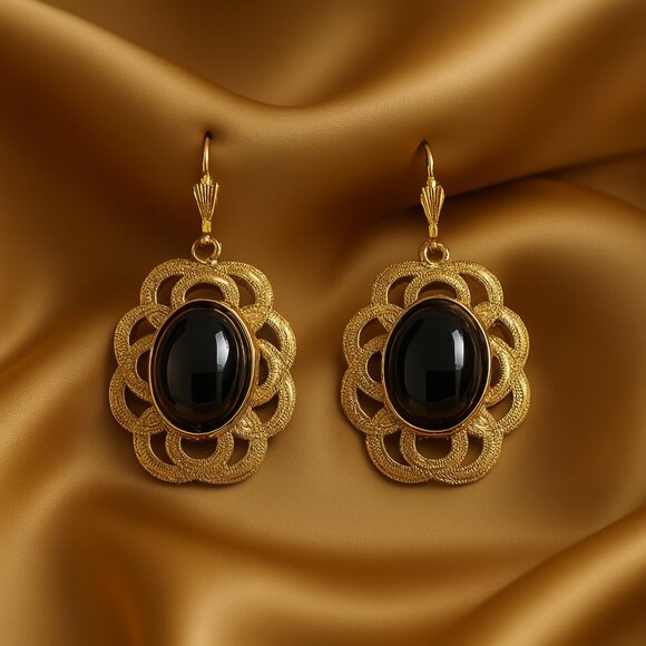 Ornate Gold Filigree Earrings, Black Oval Gemstones – Elegant Statement Jewelry - Picture 1 of 9